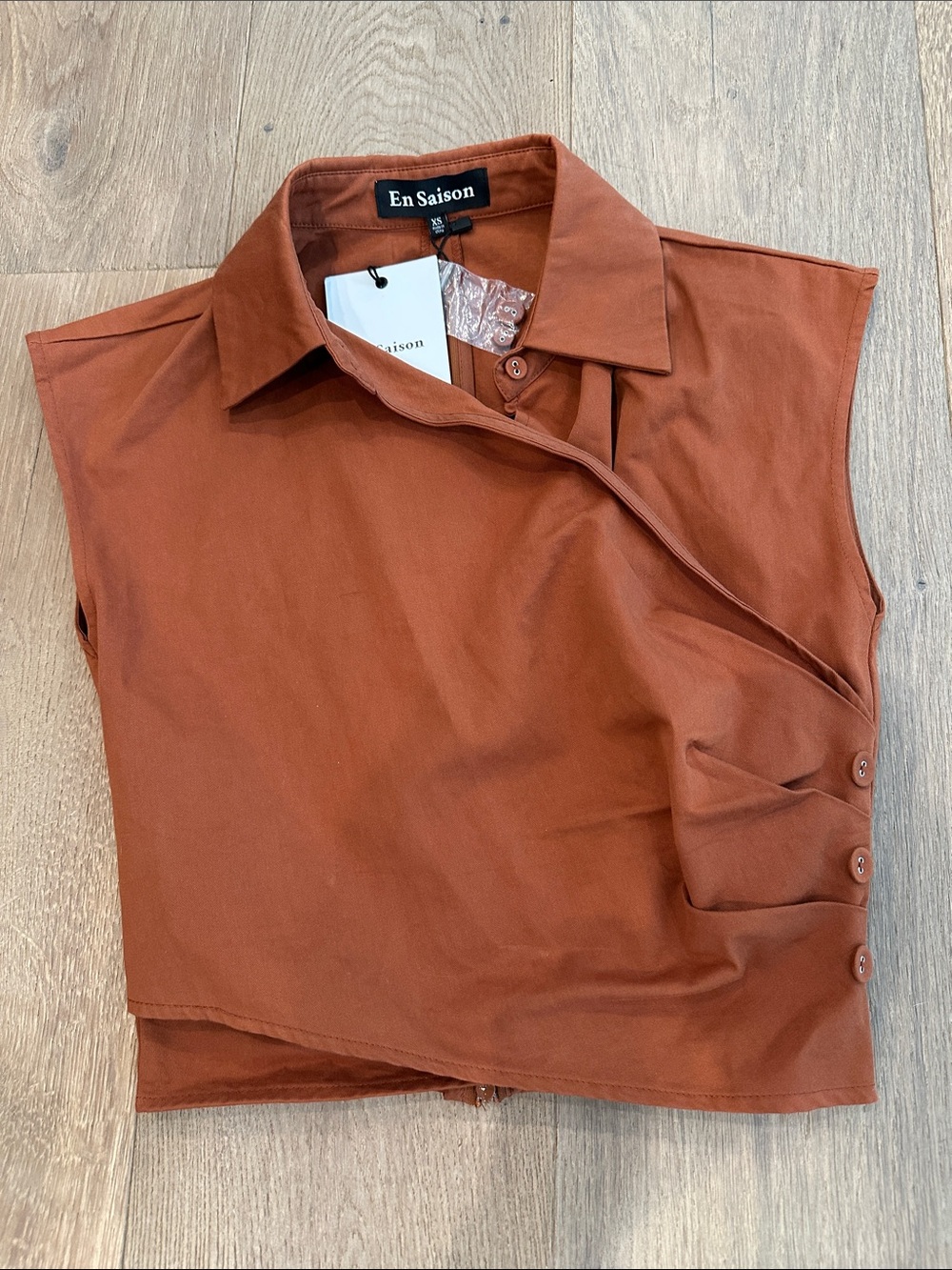 En Saison Rust Brown Button Crop Top with Zipper Close